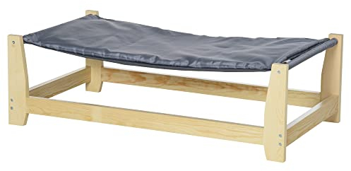 PawHut Erhöhtes Hundebett Haustierbett Hundeliege mit Kissen Hundeschlafplatz Haustierliege für drinnen und draußen Hängematte Katzenbett Hängebett aus Kiefernholz Natur+Hellgrau 90 x 50 x 28 cm