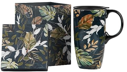 DUSVALLY Ceramic Mug Coffee Cup Ceramic Travel Mug with Lid and Color Box,17oz. Large Coffee Mug,Leaves