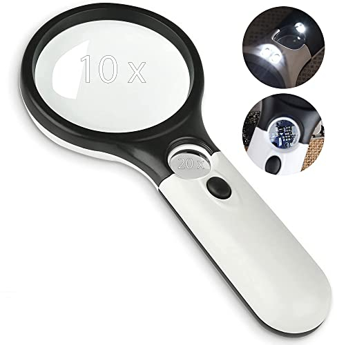 Lupe mit Led Licht - 20X oder 10x Handlupe, Lupe mit Licht, Leselupe für Senioren groß, Kinder, Juwelier, Hobbies, Briefmarken Uhrmacherlupe, Lupe für Kinder