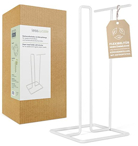 Kitchen Roll Holder Standing, White, Roll Holder for Paper Rolls, Household Paper or Washable Kitchen Rolls; Paper Roll Holder with Drip Bar, Kitchen Organiser for Everyday Use, White