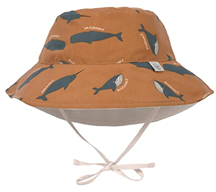 LÄSSIG Baby Kinder Sonnenhut Strandhut Sommerhut Sonnenschutz Kinderhut Babymütze wendbar atmungsaktiv UV-Schutz 80/Sun Protection Bucket Hat Whale caramel, 03-06 Monate, Größe: 43/45