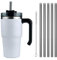Moollyfox Mug Isotherme avec Poignée Couvercle Brosse et 5 Pailles Tasse à Café Acier Inoxydable sans BPA Double Isolée Gobelet Isotherme pour Eau, Café, Smoothie et Boissons Blanc 20oz/600ml