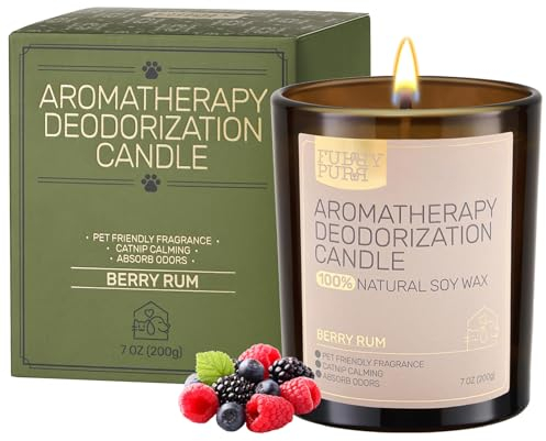 Furry Purr Duftkerze im Glas für Hunde & Katze, Haustier Geruch Eliminator Kerze, Handgemacht aus Sojawachs, Berry Rum Duft, Valentinstag Geburtstagsgeschenk, Bis zu 60 Stunden Brenndauer, 200g