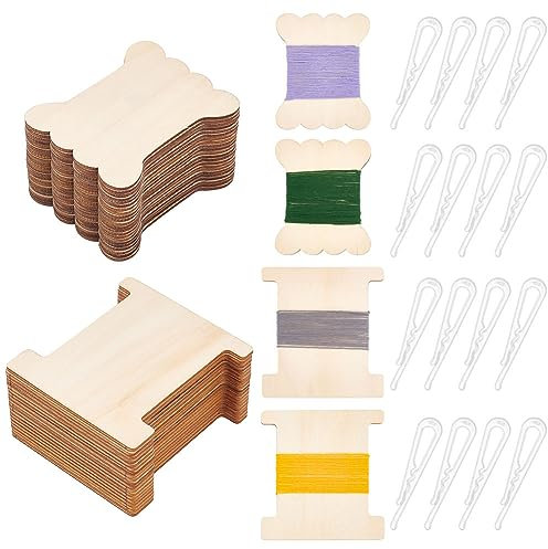 BENECREAT 120-Teiliges Band-Aufbewahrungs-Organizer-Set, 60 Flache Holzbandspulen Mit 60 Kunststoff-Klappklammern Faden Garn Zahnseide Spule Für Kreuzstich, Nähen, Aufbewahrung