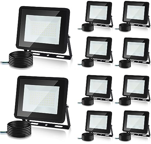 Herrselsam LED Strahler Außen, 10 Stücke50W LED Aussenstrahler Superhell 4250LM 6000K Kaltweiß, IP66 Wasserdicht Alu LED, Ideale Wandleuchte für Garage, Sportplatz (kein Stecker)