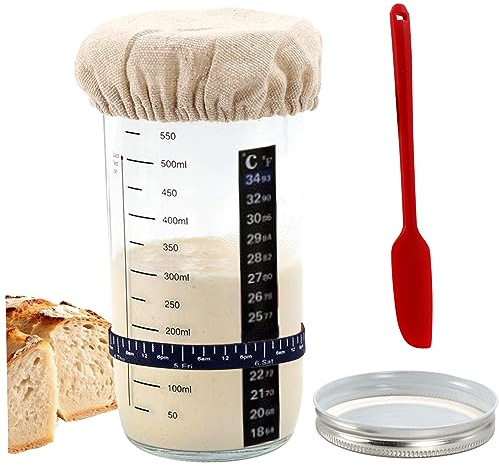 Pot de démarrage au levain avec couvercle, 6 pièces, kit de démarrage au levain, bocaux de fermentation en verre de 550 ml, pot réutilisable à large ouverture avec balance, grattoir en silicone, ho