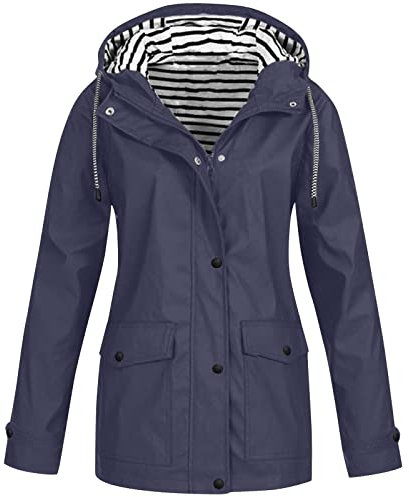 Veste Imperméable Femme Coupe Vent Veste de Pluie avec Capuche Mes Commandes Zippé Chaude Parka Sport de Travail Grande Taille Hauts Adulte Automne Pas Cher Blousons pour Femmes Marine M