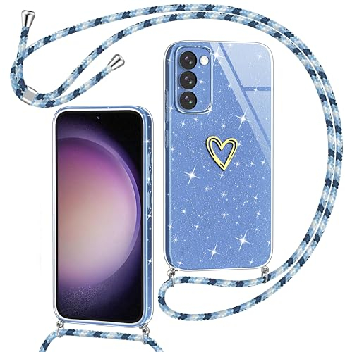 Yichu Coque pour Samsung Galaxy S23 5G avec Cordon, Glitter Souple Silicone Housse avec Collier, Réglable Lanyard Case avec Motif Coeur d'amour, Etui Antichoc Protection Cover pour Samsung S23, Bleu