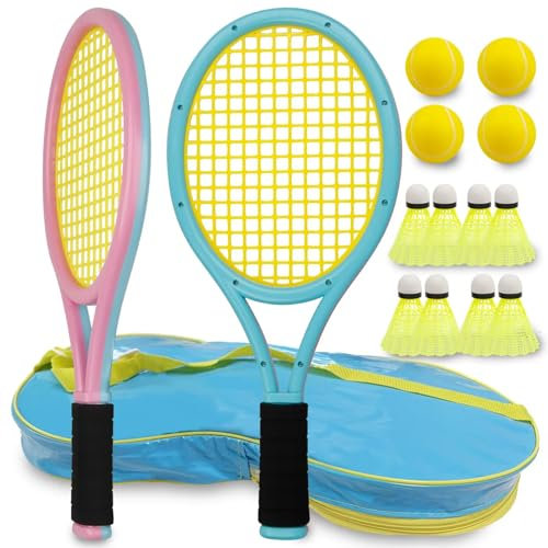 Ppbmocw Kids Tennis Rackets For Toddler Over 3 Years Old, Kids Tennis Set Including 8 Badmintons, 4 Foam Balls And 1 Carrying Bag (Blue&Pink)