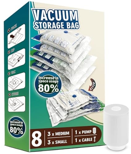 Vacuum Storage Bags with Portable White Electric Pump, 8 Pack Vacuum Sealer Bags for Comforters, Blankets, Bedding, Clothing, Space Saver Bags for Travel and Moving