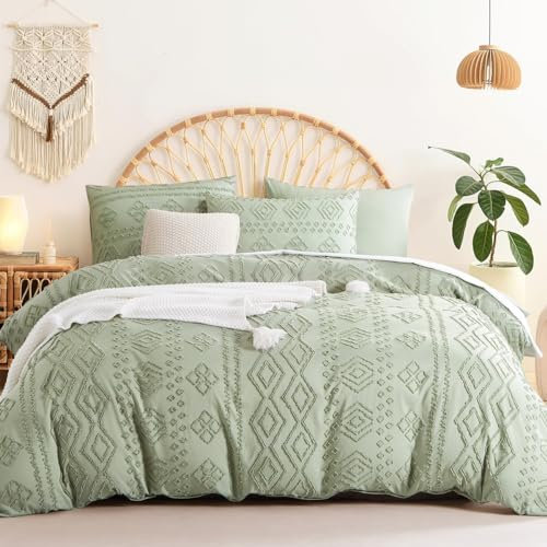 Sedefen Bohème Housse de Couette 200x200 cm Vert Tuftée Broderie Parure de Lit 2 Personnes Adulte Ado Shabby Chic Boho Linge de lit Avez Fermeture Éclair et 2 Taies d'oreiller 65x65cm