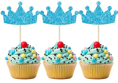 Ephlyn 24Pcs Crown Cupcake Toppers Glitter Queen Crown Cupcake Picks for Queen Princess Theme Baby Shower Girls Wedding Birthday Party Cake Decorations Supplies Blue