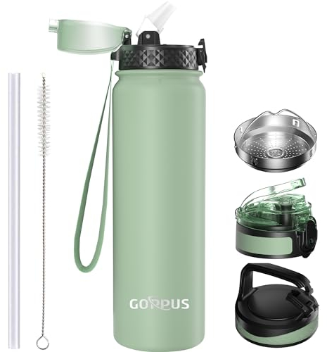 GOPPUS 1L/32oz Thermosflasche mit Strohhalm Doppelschicht Edelstahl Trinkflasche 1 Liter Isolierflasche Auslaufsicher Sport Wasserflasche Kohlensäure Water Bottle Trinkflaschen BPA-frei Wasser Flasche