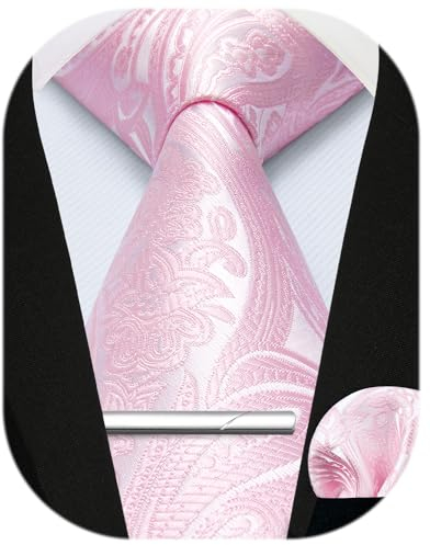 Enlision Cravate Rose Paisley et Mouchoir de Poche Avec Ensemble de Pinces à Cravate Cravates de Mariage Formelles Pour Hommes,Rose