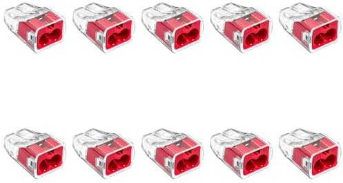 SIMET Verbindungsdosenklemme für Drähte (0,75-4 mm²), 2 - Leiter, Packung mit 10 Stück, transparent/rot, zum Anschluss an Abzweigdosen, Gehäuse und starre Elektroverteiler