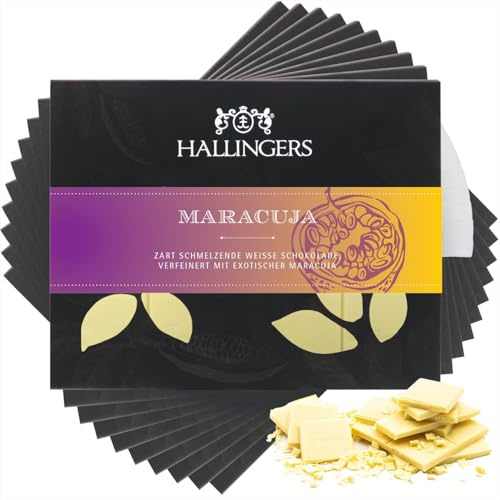 Hallingers Genuss Manufaktur Weiße Schokolade Geschenk - Tafel handgeschöpfter Edelkakao ohne Alkohol edler Karton 10x Maracuja Maracuja, Geschenkidee für Frauen Männer