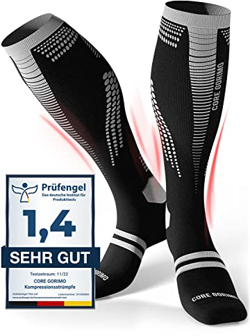 CORE GORIMO – Kompressionsstrümpfe Sport – Atmungsaktiv mit Anti-Blasen Schutz – Optimale Unterstützung beim Laufen und Joggen für Damen und Herren (schwarz/weiß, 45-48)