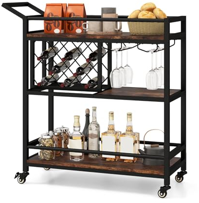 GOPLUS Carro de Servicio de 3 Niveles con Soportes para Vasos de Pie, Armario Industrial para Vino, Carro de Bebidas Rodante para Cocina Comedor Sala de Estar (Marrón Rústico)