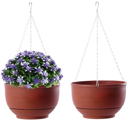 YuanDiann 2er Pack Hängende Blumentöpfe mit Abnehmbarem Tablett, Selbstabsorbierende Blumentopfkorb Plastik Hängepflanze Außen Innen Blumenampel Garten Dekoration Ziegelrot 30cm