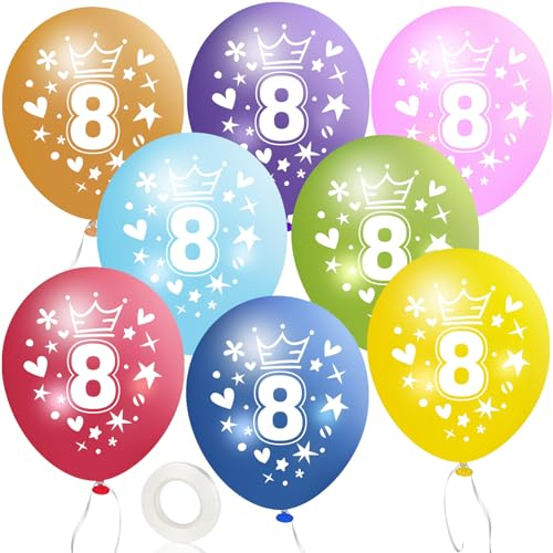 MUEZDUR 12 kunterbunte Luftballons 8. Geburtstag 30cm Luftballon Deko mit 1 Rollen Weiß Band, 8. Deko Geburtstag Mädchen Junge Jubiläum 8. Jahre Ballon Zahl 8