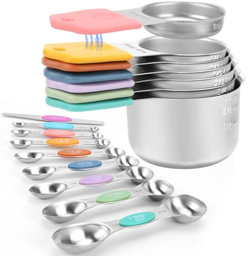 Magnetic Measuring Cups and Spoons Set-Heavy Duty 304 Stainless Steel，Double Measurement Markings，Set of 16 with Leveler for Measure Dry and Liquid Ingredients
