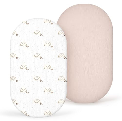 lulumoon Musselin Stubenwagen Spannbettlaken 2er-Set: Kinderwagen Matratzenbezug für Beistellbett und Wiege 100% Baumwolle 90x40cm (Regenbogen Rosa)