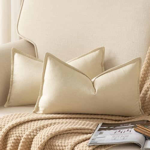 Yaertun 2er Set Leinen Reine Farbe dekorative Kissenbezug Moderne Kissenbezüge Schlafzimmer Sofa Wohnzimmer Dekokissen Bett Kissenhülle Sofakissen 30 x 50 cm Beige