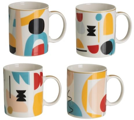 LOLAhome Juego de 4 tazas mug para desayuno con figuras geométricas de cerámica de 340 ml