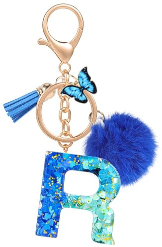 MWOOT Name Buchstabe R Schlüsselanhänger, Blau Schlüsselband für Damen, Harz Schlüsselringe für Tür Auto Schlüssel Handtaschen Deko
