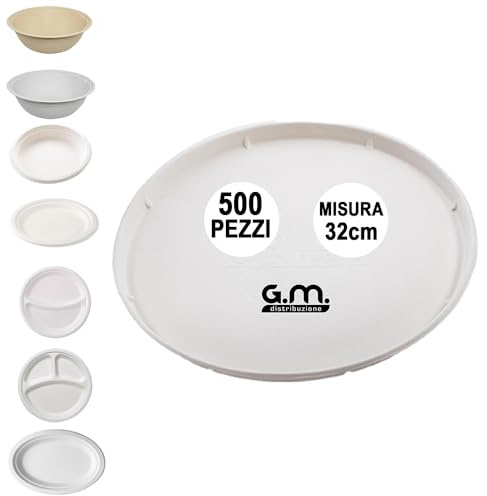 G.M. DISTRIBUZIONE 500 Piatti Pizza Bianchi in Polpa di Cellulosa 32cm, Ideale per Pizza, Piatti Impermeabili adatti al Microonde, Biodegradabili e Compostabili