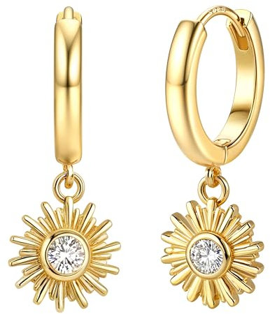 Dochais S925 Ohrringe für Damen Mädchen14 Karat Vergoldet Hypoallergene Huggie Creolen mit Blitz/Kreuz/Stern/Münz/Perlen Ohrringe Knorpel Tropfen Sehr Hautverträgliche Goldene Sonne