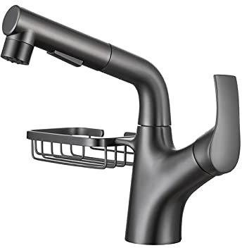 Bathroom Basin Mixer tap Swivel with Pull Out Spray Single Handle taps for Bathroom Basin hot and Cold Bathroom Sink taps Gun Grey