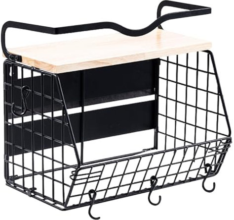 Estante magnético con tapa de madera, canasta magnética de hierro pesado con 4 ganchos Cesta de pared de especias de frutas para organización de cocina y almacenamiento de despensa de almacenamiento