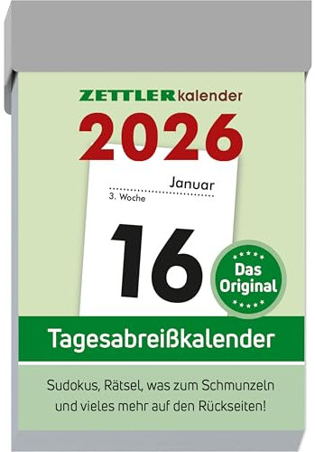 Zettler Tagesabreißkalender S 2026 – Abreißkalender 4 × 6 cm, 1 Tag pro Seite mit Sudoku, Rezepten, Rätseln & Tipps auf den Rückseiten, FSC-zertifiziert