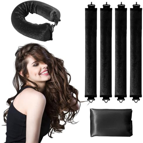 Lockenwickler Ohne Hitze,4 Stück Lockenwickler über Nacht mit Lockenband ohne Hitze,Hitzefreie Lockenwickler aus Gummi,DIY Overnight Locken Locken über Nacht für alle kurzes und langes Haar(Schwarz)