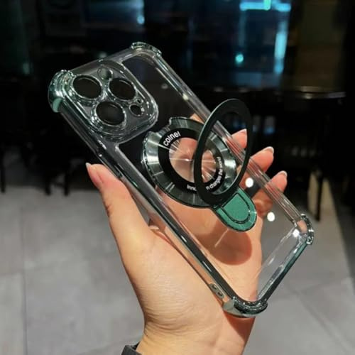 Airbag Anti-Fall Case with Invisible Ring Stand, Translucent Electroplated Magnetic Anti Drop Airbag for iPhone Case, Shockproof Corners Kickstand Phone Case for iPhone 11 12 13 14 15 Pro Max(Grün,For