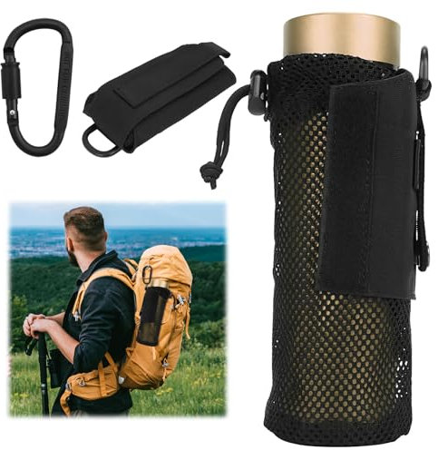 Portabotellas Táctico avec Mousqueton, Mesh Holder Bag Sac à Dos pour 1.5L Bouteille d'eau, Molle Funda Bouteille Pliable pour Randonnée Chasse Camping Voyage