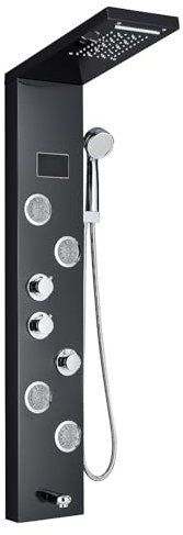 HARNART Duschpaneel Paneel mit Armatur 5 Wasserausgabemodi Schwarz LED Duschpaneel mit ℃ Temperaturanzeige,Regendusche Nebeldusche Massagedusche Duschpaneele Wanneneinlauf Handbrause