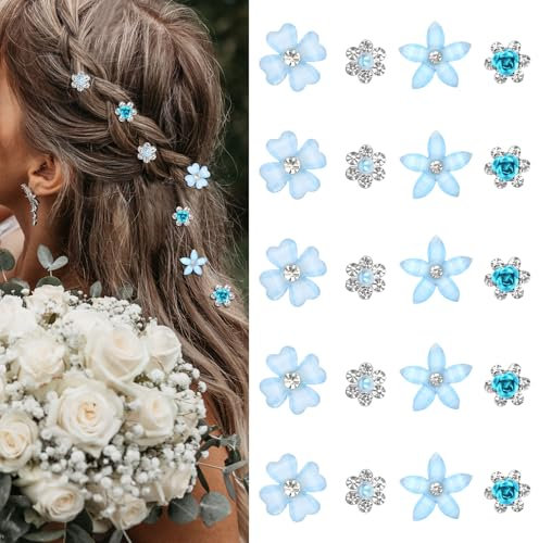 Mezrkuwr 20 Stück Hellblau kleine Blumen-Haarspangen, Mini-süße Strass-Metall-Haarnadeln für Frauen, Hochzeit Haarschmuck, Braut-Haarspangen für Mädchen (4 Blumenmuster)