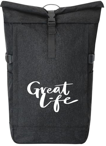 Huuraa Kurierrucksack Great Life Schriftzug 30-44 Liter Black Melange Fairtrade Rolltop Rucksack Geschenkidee