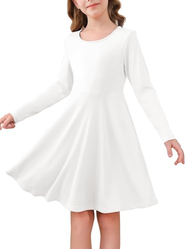 Haloumoning Robe pour fille à manches longues et col rond - Robe décontractée - Ligne A - Élégante - Couleur unie - Robe midi festive - Mariage - Robe pour enfants de 5 à 14 ans, Blanc., 11-12 ans