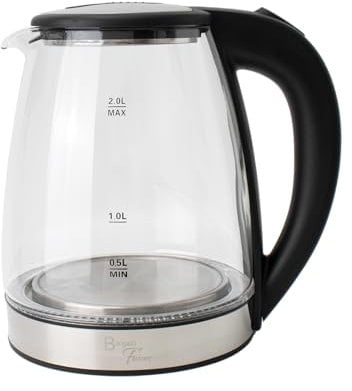 Bargain Factory Electric Kettle Glass 2L – 1800W Fast Boil, BPA-Free, Quiet Boil, Blue LED, No Plastic, Boil-Dry Protection, Black Electric Glass Kettle