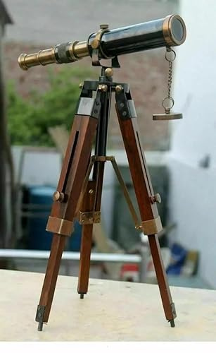 Télescope maritime vintage en laiton avec trépied et support en bois