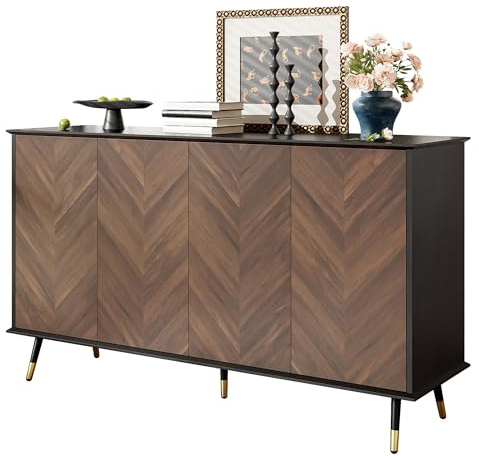 KecDuey Kommode,Modernes Sideboard mit Fischgrätmuster,Buffet Schrank mit 4 Türen,höhenverstellbaren Regalen,MDF Holz & Metallfüße,Kommoden für Wohnzimmer, Flur,Esszimmer
