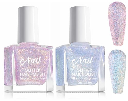 2Pcs Glitzer Nagellack Set mit Blau Lila, Glänzende Schnelltrocknend Nagelack, Ungiftiger Nagellack Auf Wasserbasis, Reflective Glitter Nail Polish für DIY-Nagelkunst Zu Hause (10 ML)