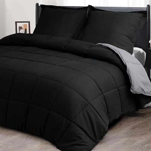 HIG Bettdecke 200x220 cm + 2 Kissenbezüge 80x80cm – Oeko-TEX zertifizierte Schwarz Steppdecke, kastenförmig genäht – 1500g Daunenalternative (300GSM) weich & flauschig