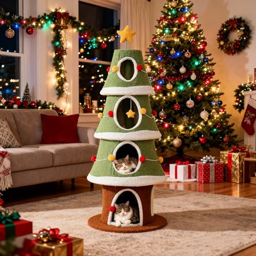 SOARS Kratzbaum Weihnachten 154 cm mit 4 Katzenhöhlen | Katzenbaum mit Kratzbrett, Hängebällen und Weihnachtsbaum-Design, Kletterbaum für Katzen