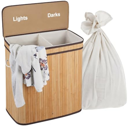 Relaxdays Wäschekorb mit Deckel, 2 Fächer, Bambus, 100 l, faltbar, HxBxT: 60 x 52 x 32 cm, Wäsche Sortiersystem, Natur
