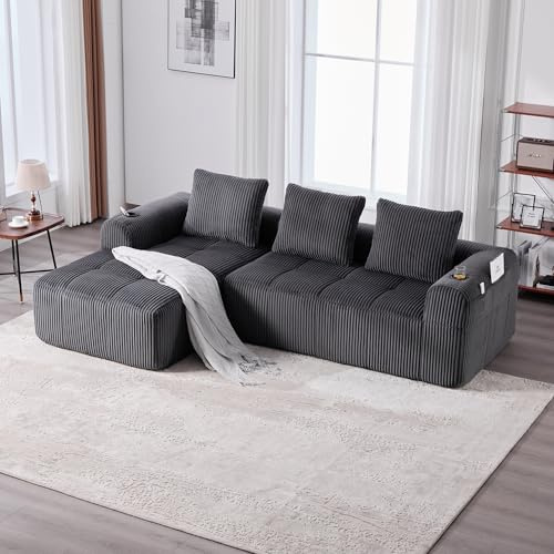 FammyLoft Vollkomprimiertes Ecksofa, Sofa L Form mit Seitentaschen, Modulares Sofa mit Schlaffunktion, Cloud Couch Ohne Montage, Schlafcouch, für Wohnzimmer/Schlafzimmer, Corduroy, 253cm, Dunkelgrau