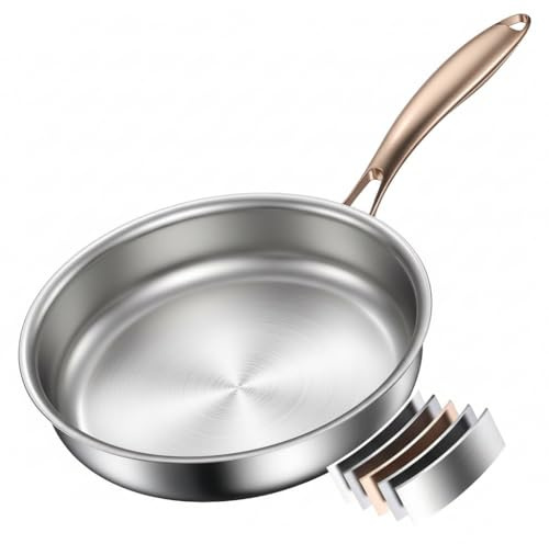 Akaice Edelstahlpfanne 28cm unbeschichtet, Titan Pfanne Induktion, 18/10 Edelstahl Bratpfanne mit Roségoldgriff, Texturdesign Pfanne für Alle Herdarten und Geschirrspüler, Frei von PTFE, PFOA